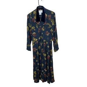 Vintage Karin Stevens Dress Velvet Collar Leaf Print Button Front Maxi 12